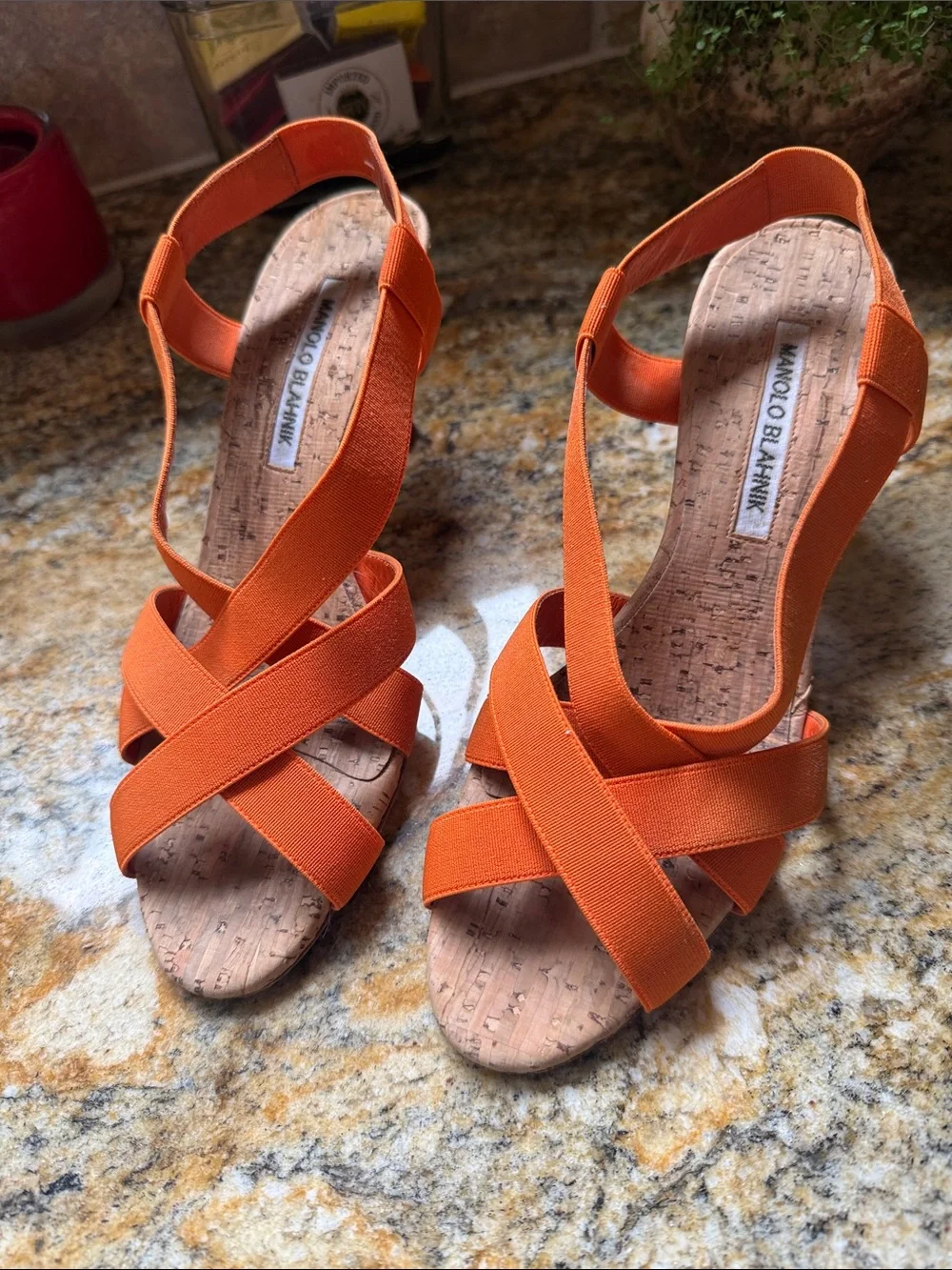Manolo Blahnik Orange Crisscross Elastic Slingback Heels